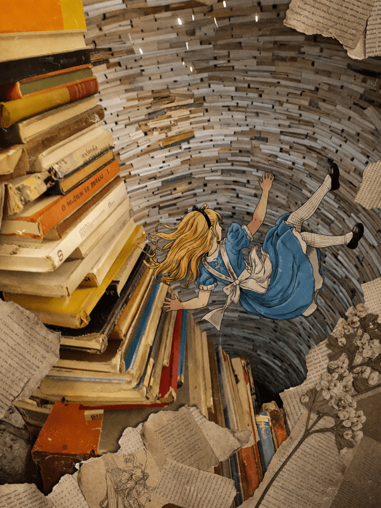 alice in wonder falling into a hole made of books